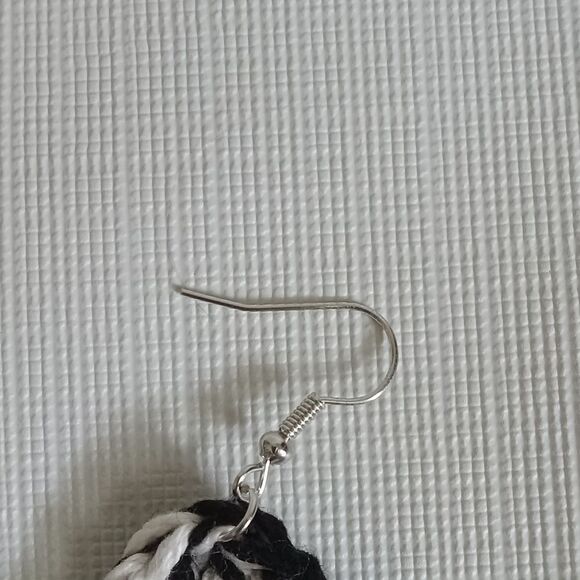 Handmade Black and White Cotton Thread Crochet Oversized Dangle Style Earrings - Picture 7 of 8